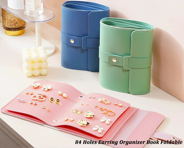 Alt view image 4 of 7 - Earring Holder Organizer Book for Travel, 42 Pairs Stud Earrings Organizer with Staggered Holes & Snap, Waterproof PU Leather Earring Storage Case Portable Earrings Book for Women Girls - Pink