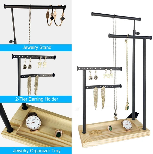 Alt view image 5 of 7 - Premium Jewelry Stand, 4-Tier Storage Necklace Holder Stand, Earring Holder AdjustableTall 20I N (Max), Jewelry Organizer for Necklace, Bracelet, Earring, Black
