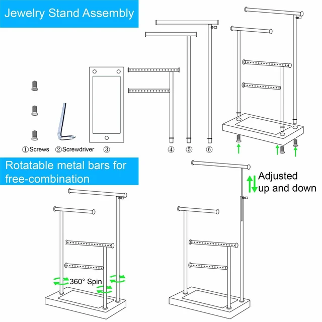 Alt view image 7 of 7 - Premium Jewelry Stand, 4-Tier Storage Necklace Holder Stand, Earring Holder AdjustableTall 20I N (Max), Jewelry Organizer for Necklace, Bracelet, Earring, Black
