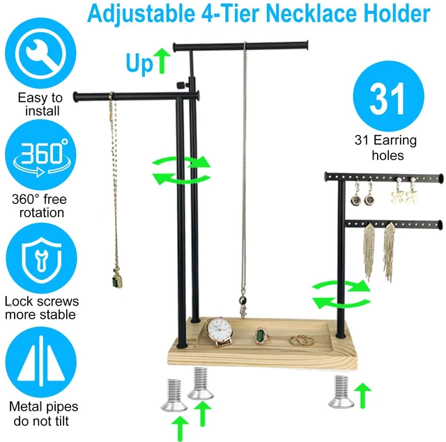Alt view image 4 of 7 - Premium Jewelry Stand, 4-Tier Storage Necklace Holder Stand, Earring Holder AdjustableTall 20I N (Max), Jewelry Organizer for Necklace, Bracelet, Earring, Black