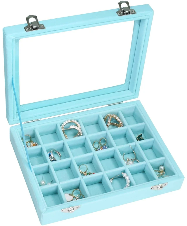 Main image of Velvet Jewelry Box 24 Grid Jewelry Ring Display Organiser Box Tray Holder Earrings Storage Case for Girls Wife Mom Women (Light Blue)