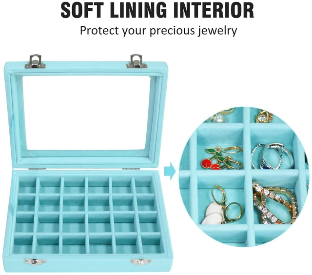 Alt view image 3 of 6 - Velvet Jewelry Box 24 Grid Jewelry Ring Display Organiser Box Tray Holder Earrings Storage Case for Girls Wife Mom Women (Light Blue)