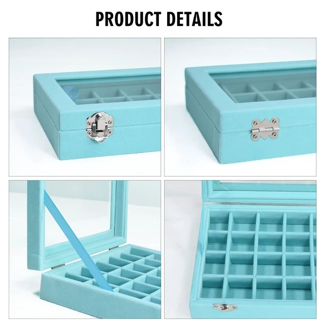 Alt view image 4 of 6 - Velvet Jewelry Box 24 Grid Jewelry Ring Display Organiser Box Tray Holder Earrings Storage Case for Girls Wife Mom Women (Light Blue)