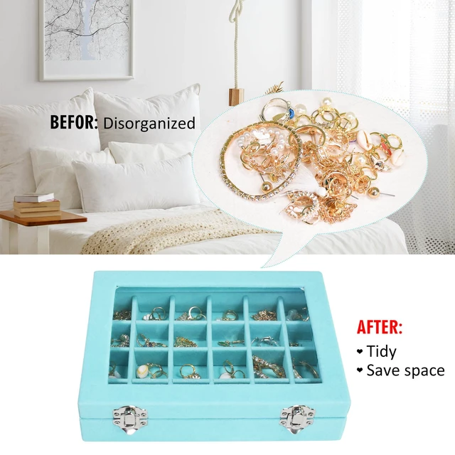 Alt view image 5 of 6 - Velvet Jewelry Box 24 Grid Jewelry Ring Display Organiser Box Tray Holder Earrings Storage Case for Girls Wife Mom Women (Light Blue)