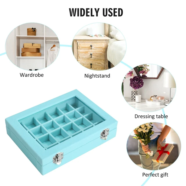Alt view image 6 of 6 - Velvet Jewelry Box 24 Grid Jewelry Ring Display Organiser Box Tray Holder Earrings Storage Case for Girls Wife Mom Women (Light Blue)