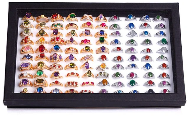 Main image of Jewelry Rings Display Tray Velvet 100 Slot Case Box Jewelry Storage Box | Ring Box Holder Organizer with Glass Lid,100 Slots ,Earring Necklace Storage Tray,Black Color