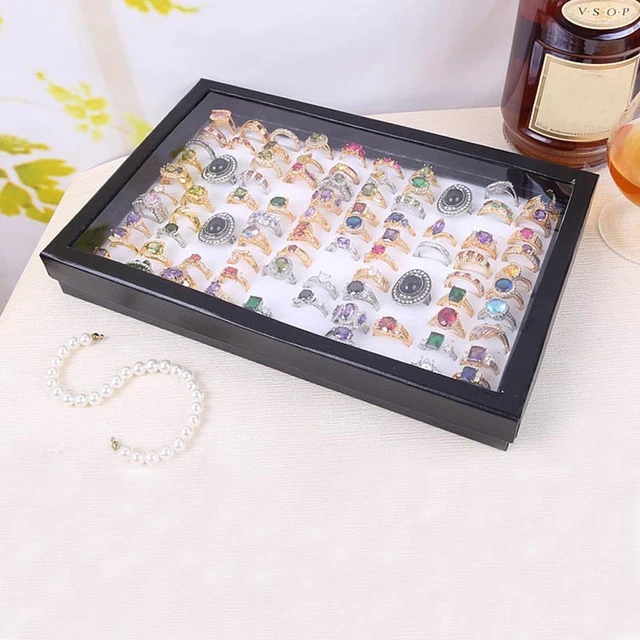 Alt view image 4 of 5 - Jewelry Rings Display Tray Velvet 100 Slot Case Box Jewelry Storage Box | Ring Box Holder Organizer with Glass Lid,100 Slots ,Earring Necklace Storage Tray,Black Color