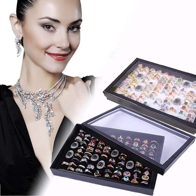 Alt view image 5 of 5 - Jewelry Rings Display Tray Velvet 100 Slot Case Box Jewelry Storage Box | Ring Box Holder Organizer with Glass Lid,100 Slots ,Earring Necklace Storage Tray,Black Color