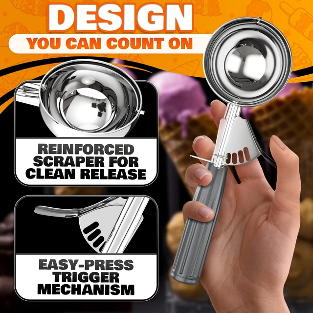 Alt view image 4 of 7 - Large Ice Cream Scoop with Trigger Release, Stainless Steel - 4 oz | #8 Cookie Dough Scooper with Lever - Comfort Grip Handle | Dishwasher Safe, for Baking, Muffins, Meatballs, Fruits & Desserts