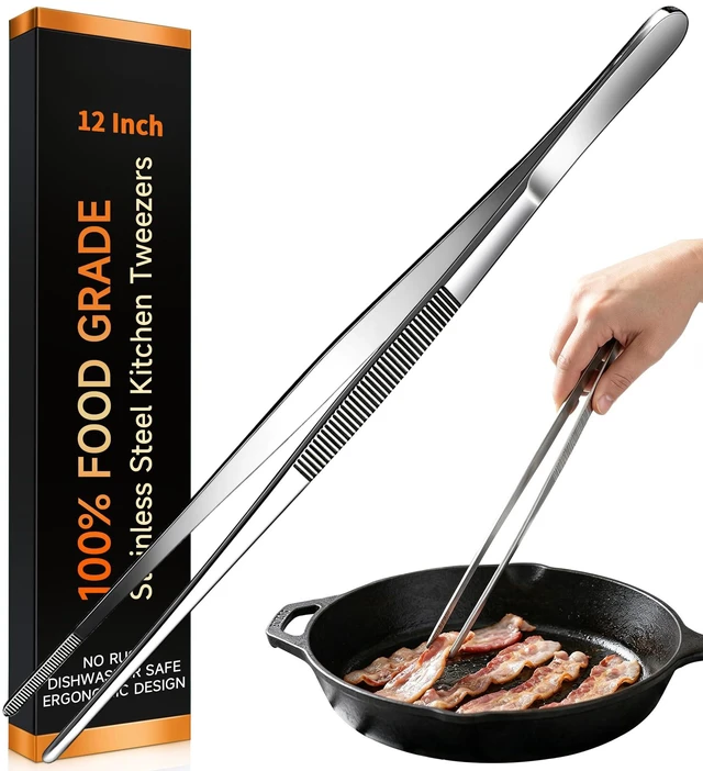 Main image of Kitchen Tweezers 1PC Cooking Tongs, Stainless Steel Food-Grade 12" Long Tweezers, Professional Heat Resistant Kitchen Utensils for Chef, Baking, Salad, Dishwasher Safe & Anti-Slip Grip Kitchen Tools