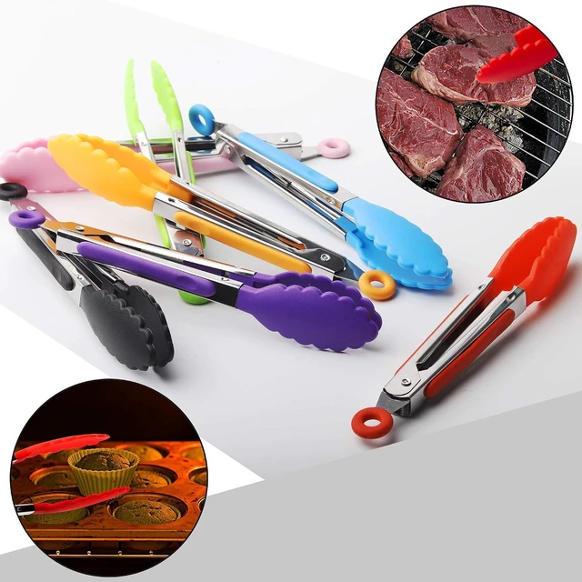 Alt view image 4 of 7 - 7 Pack Kitchen Tongs Set 7-Inch Color Mini Small Food Tongs with Stainless Steel Silicon Handles and Nylon Tips Heat Resistant Tongs for Cooking, Serving, BBQ, Grilling, Salad and More
