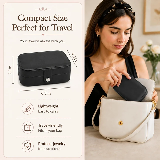 Alt view image 2 of 7 - Travel Jewelry Box, Small Jewelry Organizer Boxes for Women Girls, 2 Layer Travel Jewlery Case, PU Leather Mini Portable Jewerly Storage Display Holder for Earrings, Ring, Necklaces, Bracelets - Black
