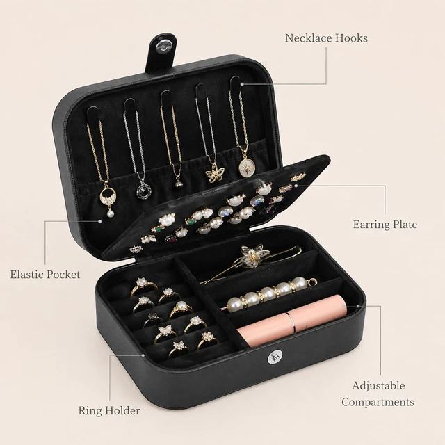 Alt view image 3 of 7 - Travel Jewelry Box, Small Jewelry Organizer Boxes for Women Girls, 2 Layer Travel Jewlery Case, PU Leather Mini Portable Jewerly Storage Display Holder for Earrings, Ring, Necklaces, Bracelets - Black