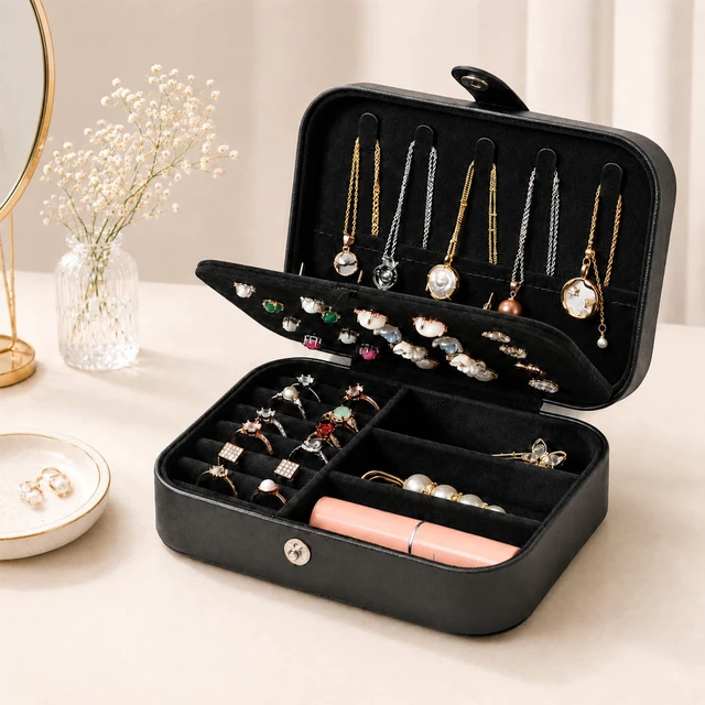 Alt view image 4 of 7 - Travel Jewelry Box, Small Jewelry Organizer Boxes for Women Girls, 2 Layer Travel Jewlery Case, PU Leather Mini Portable Jewerly Storage Display Holder for Earrings, Ring, Necklaces, Bracelets - Black