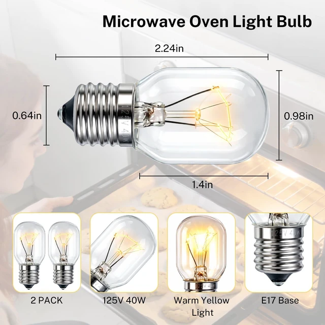 Alt view image 2 of 6 - Microwave Light Bulb, 2 Pack, Fit for Whirlpool, Replace R0712016 | 125V 40W E17 Base, Warm Yellow Light, Applicable for Refrigerator Oven Range Hood, High-transparency Glass Shell