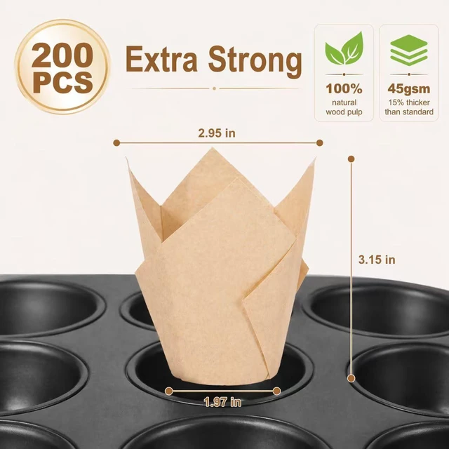 Alt view image 2 of 6 - 200 Pcs Tulip Cupcake Liners For Baking, Greaseproof Muffin Liners | Unbleached Parchment Paper Cups, Non-Stick Standard Size Cupcake Wrappers for Party, Christmas, Wedding, Birthday