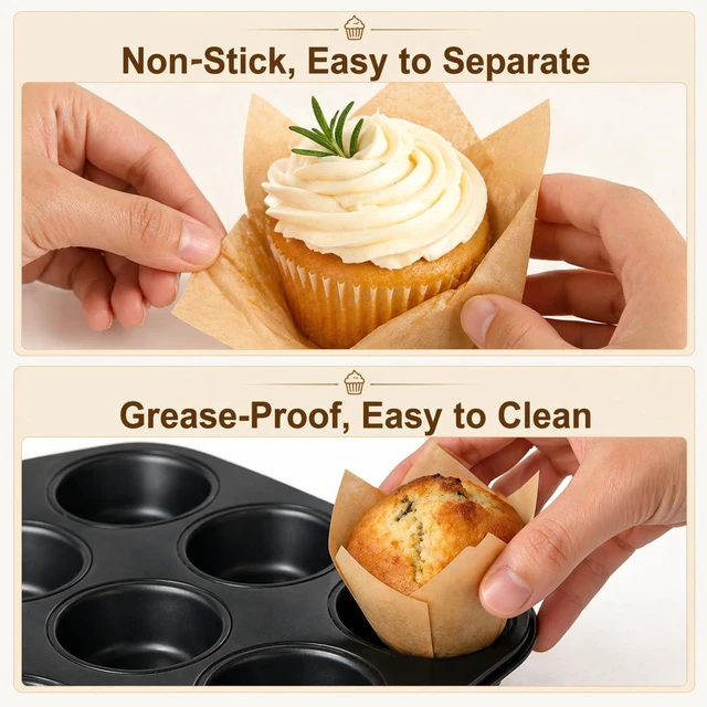 Alt view image 3 of 6 - 200 Pcs Tulip Cupcake Liners For Baking, Greaseproof Muffin Liners | Unbleached Parchment Paper Cups, Non-Stick Standard Size Cupcake Wrappers for Party, Christmas, Wedding, Birthday
