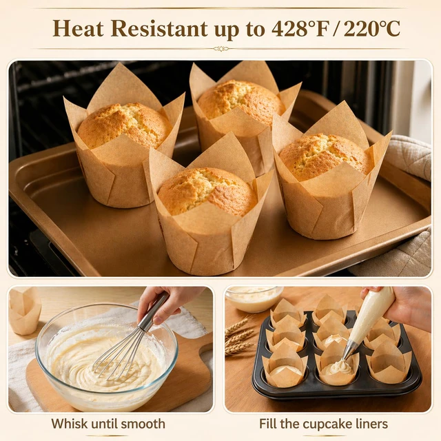 Alt view image 4 of 6 - 200 Pcs Tulip Cupcake Liners For Baking, Greaseproof Muffin Liners | Unbleached Parchment Paper Cups, Non-Stick Standard Size Cupcake Wrappers for Party, Christmas, Wedding, Birthday
