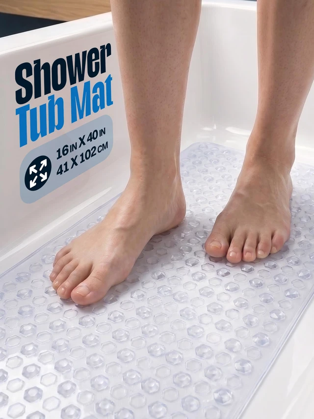 Alt view image 2 of 7 - Bath Tub Shower Mat, Clear Non Slip Mat, 16x40 Inch | Machine Washable, Strong Suction Cups, Drain Holes, Non-Slip Grip, Soft Comfort, Safe For The Whole Family