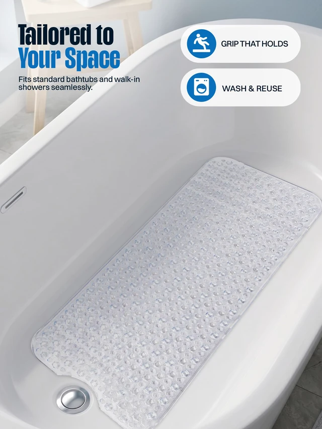 Alt view image 4 of 7 - Bath Tub Shower Mat, Clear Non Slip Mat, 16x40 Inch | Machine Washable, Strong Suction Cups, Drain Holes, Non-Slip Grip, Soft Comfort, Safe For The Whole Family