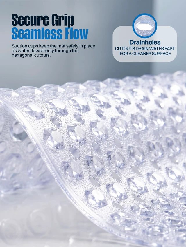 Alt view image 6 of 7 - Bath Tub Shower Mat, Clear Non Slip Mat, 16x40 Inch | Machine Washable, Strong Suction Cups, Drain Holes, Non-Slip Grip, Soft Comfort, Safe For The Whole Family