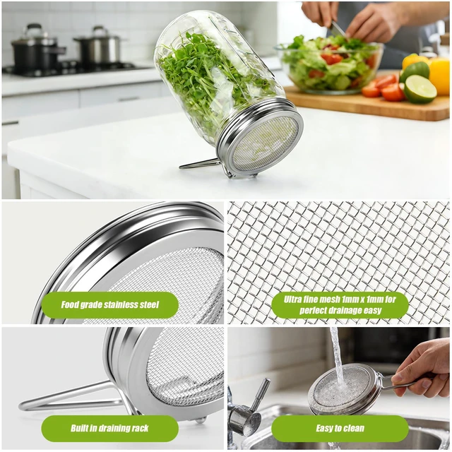 Alt view image 4 of 6 - 2 Pcs Sprouting Lids for Wide Mouth Mason Jars, Stainless Steel | Reusable Sprouting Jar Lids Kit with Built-In Stand, Broccoli Seeds Sprouts Growing Kit for Organic Alfalfa & Mung Bean