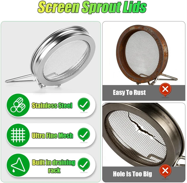 Alt view image 5 of 6 - 2 Pcs Sprouting Lids for Wide Mouth Mason Jars, Stainless Steel | Reusable Sprouting Jar Lids Kit with Built-In Stand, Broccoli Seeds Sprouts Growing Kit for Organic Alfalfa & Mung Bean