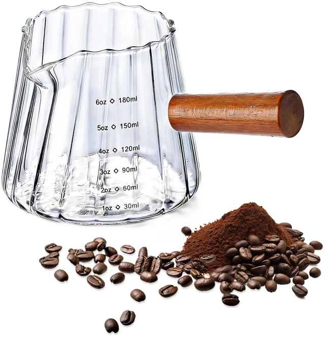 Main image of Espresso Cups with Wood Handle, 6 Oz Glass Espresso Measuring Cup | Espresso Accessories Barista Tools, Practical Espresso Cup with V-Shaped Spout for Coffee, Milk, Tea & Maple Syrup Serving