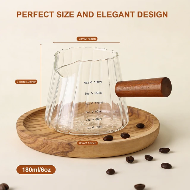 Alt view image 2 of 4 - Espresso Cups with Wood Handle, 6 Oz Glass Espresso Measuring Cup | Espresso Accessories Barista Tools, Practical Espresso Cup with V-Shaped Spout for Coffee, Milk, Tea & Maple Syrup Serving