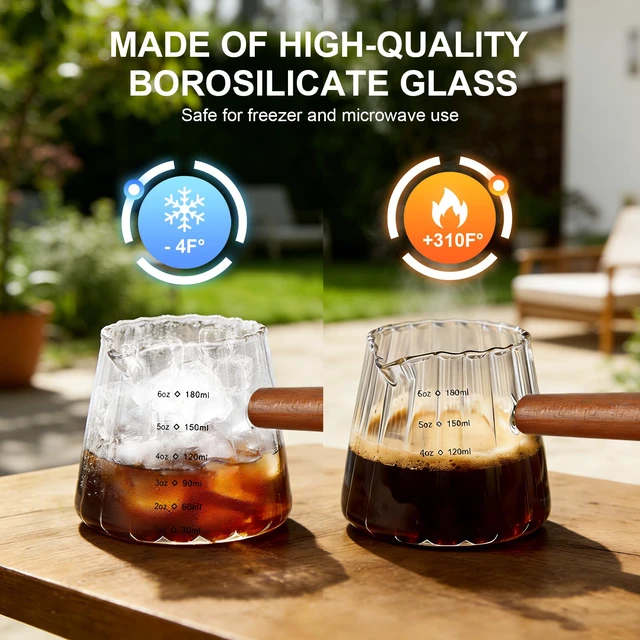 Alt view image 4 of 4 - Espresso Cups with Wood Handle, 6 Oz Glass Espresso Measuring Cup | Espresso Accessories Barista Tools, Practical Espresso Cup with V-Shaped Spout for Coffee, Milk, Tea & Maple Syrup Serving