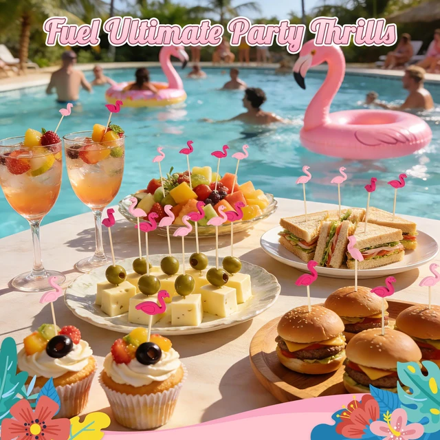 Alt view image 2 of 7 - 100PCS Pink Flamingo Cocktail Picks, Decorative Toothpicks for Appetizers | 4.7 in Bamboo Fruit Skewers, Wood Charcuterie Sticks, Food,Drinks, Summer Tropical Hawaiian Luau Theme, Party Decor Supplies