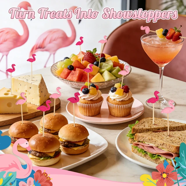 Alt view image 3 of 7 - 100PCS Pink Flamingo Cocktail Picks, Decorative Toothpicks for Appetizers | 4.7 in Bamboo Fruit Skewers, Wood Charcuterie Sticks, Food,Drinks, Summer Tropical Hawaiian Luau Theme, Party Decor Supplies