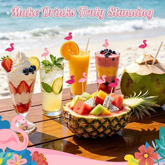 Alt view image 4 of 7 - 100PCS Pink Flamingo Cocktail Picks, Decorative Toothpicks for Appetizers | 4.7 in Bamboo Fruit Skewers, Wood Charcuterie Sticks, Food,Drinks, Summer Tropical Hawaiian Luau Theme, Party Decor Supplies