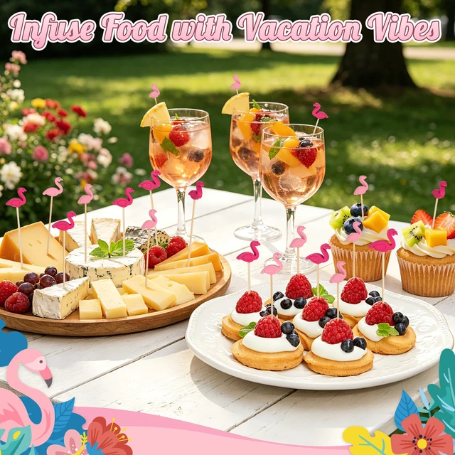 Alt view image 5 of 7 - 100PCS Pink Flamingo Cocktail Picks, Decorative Toothpicks for Appetizers | 4.7 in Bamboo Fruit Skewers, Wood Charcuterie Sticks, Food,Drinks, Summer Tropical Hawaiian Luau Theme, Party Decor Supplies