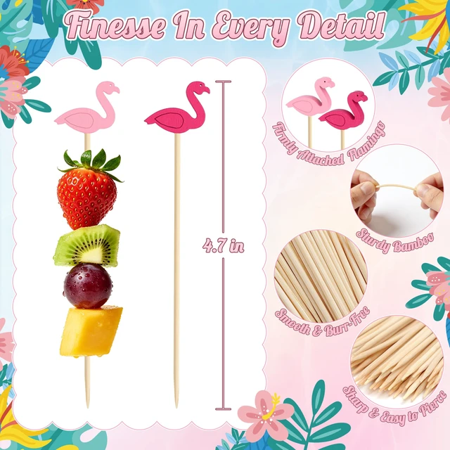 Alt view image 6 of 7 - 100PCS Pink Flamingo Cocktail Picks, Decorative Toothpicks for Appetizers | 4.7 in Bamboo Fruit Skewers, Wood Charcuterie Sticks, Food,Drinks, Summer Tropical Hawaiian Luau Theme, Party Decor Supplies