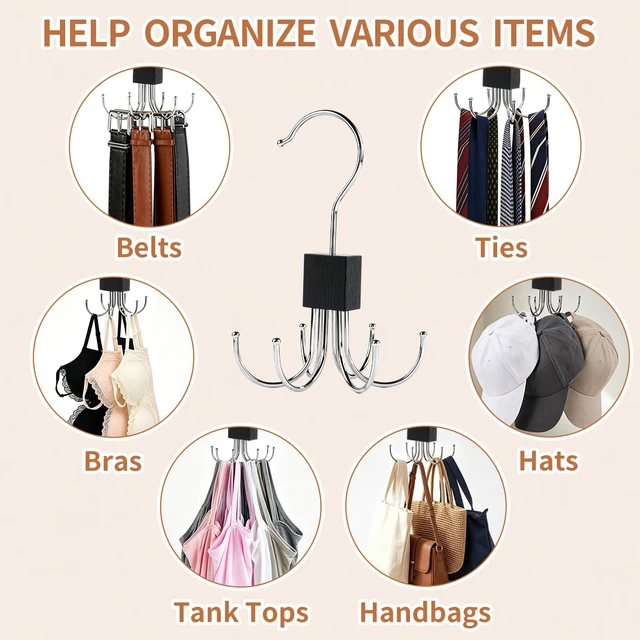 Alt view image 5 of 7 - 2PCS Belt Hanger for Closet, 12-Hooks Belt Organizer for Max 48 Belts or Ties, Rotatable Belt Rock Save Closet Space, Black Hanging Holder Storage for Belt, Tie, Bra, Tank Top, Purse