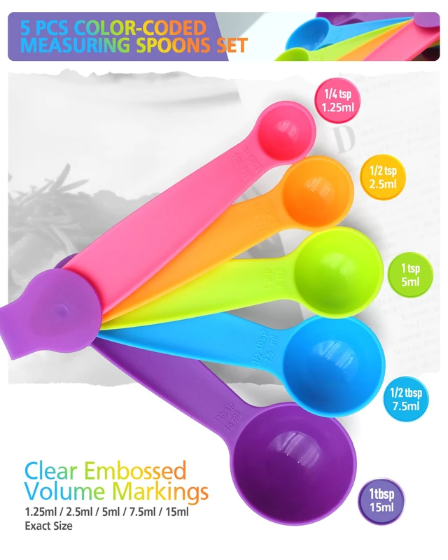 Alt view image 3 of 7 - Measuring Spoons Set of 5, Fade-Proof Markings, Color Coded Plastic