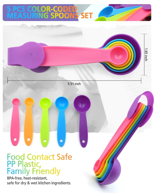 Alt view image 7 of 7 - Measuring Spoons Set of 5, Fade-Proof Markings, Color Coded Plastic