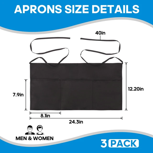 Alt view image 2 of 5 - 3 Pack Server Aprons for Women with 3 Pocket, Waitress Short Apron, Black | Work Apron for Restaurant Waiter Baristas Waist, BartendersAccessories Supplies, Cooking Kitchen Chef Cleaning Smock for Men