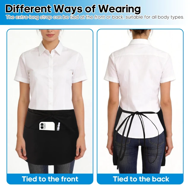 Alt view image 3 of 5 - 3 Pack Server Aprons for Women with 3 Pocket, Waitress Short Apron, Black | Work Apron for Restaurant Waiter Baristas Waist, BartendersAccessories Supplies, Cooking Kitchen Chef Cleaning Smock for Men