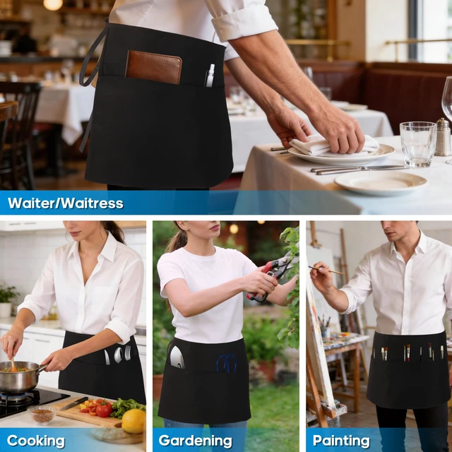 Alt view image 5 of 5 - 3 Pack Server Aprons for Women with 3 Pocket, Waitress Short Apron, Black | Work Apron for Restaurant Waiter Baristas Waist, BartendersAccessories Supplies, Cooking Kitchen Chef Cleaning Smock for Men
