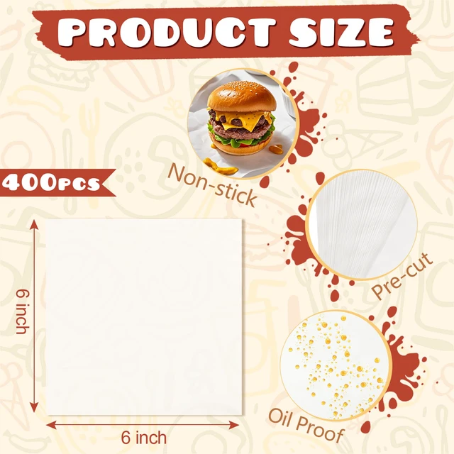 Alt view image 2 of 7 - 400PCS Patty Paper, 6x6 In White Wax Paper Squares, Non-Stick Burger Patty Paper for Separating Burgers, Butter, Cookies, Freezing, Baking and Candy Wrappe