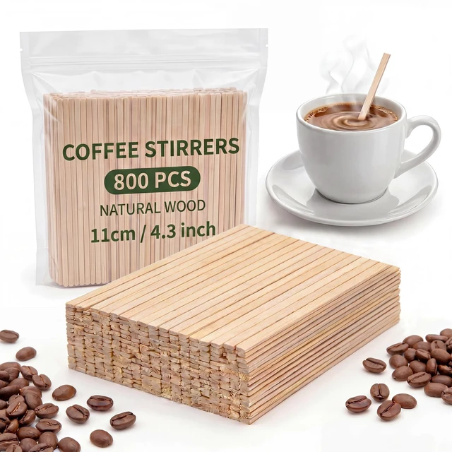 Main image of 800 Wooden Coffee Stirrers, 4.3 Inch Stir Sticks For Hot & Cold Drinks | Smooth Burr-Free Wood, Odorless, Sturdy In Hot Drinks, Ideal For Coffee, Tea, Office, Cafe, Home, Crafts