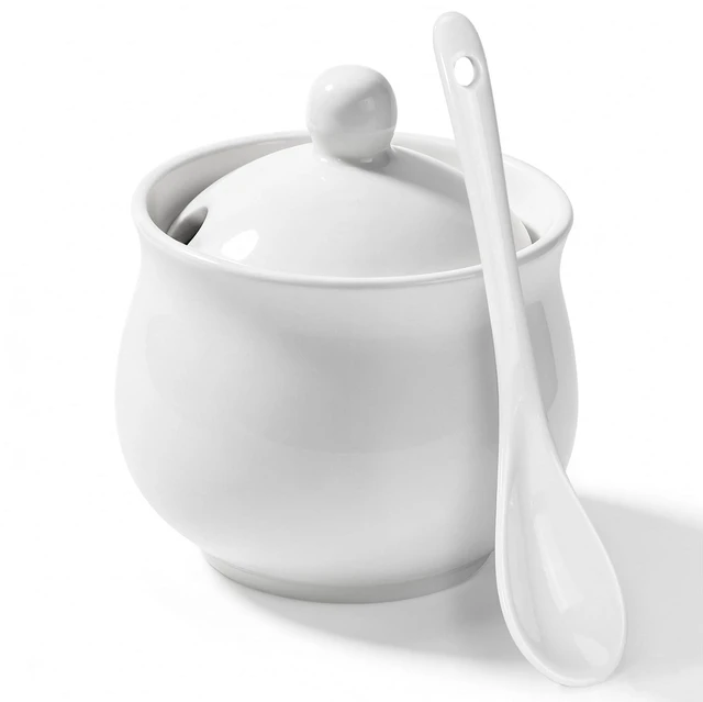 Main image of Sugar Bowl with Lid and Spoon, Elegant Ceramic Container, White 7 Oz | For Salt, Pepper, Spices and Sugar, Easy to Clean, Ideal for Coffee Bar, Kitchen Counter & Dining Table