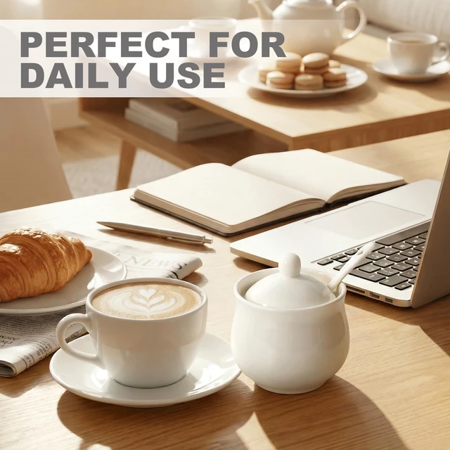 Alt view image 2 of 7 - Sugar Bowl with Lid and Spoon, Elegant Ceramic Container, White 7 Oz | For Salt, Pepper, Spices and Sugar, Easy to Clean, Ideal for Coffee Bar, Kitchen Counter & Dining Table