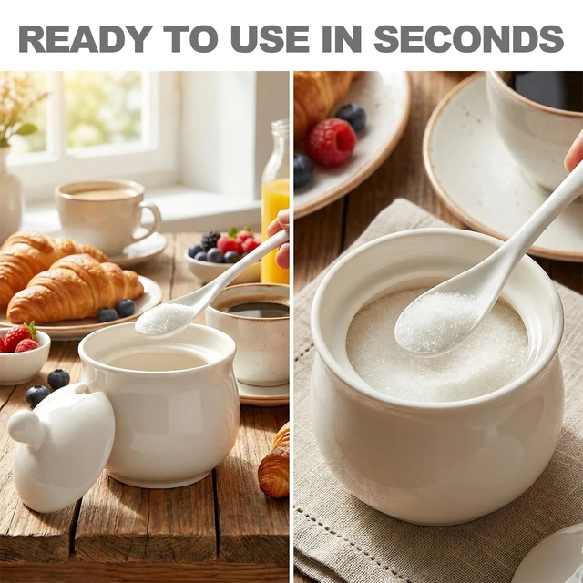 Alt view image 6 of 7 - Sugar Bowl with Lid and Spoon, Elegant Ceramic Container, White 7 Oz | For Salt, Pepper, Spices and Sugar, Easy to Clean, Ideal for Coffee Bar, Kitchen Counter & Dining Table