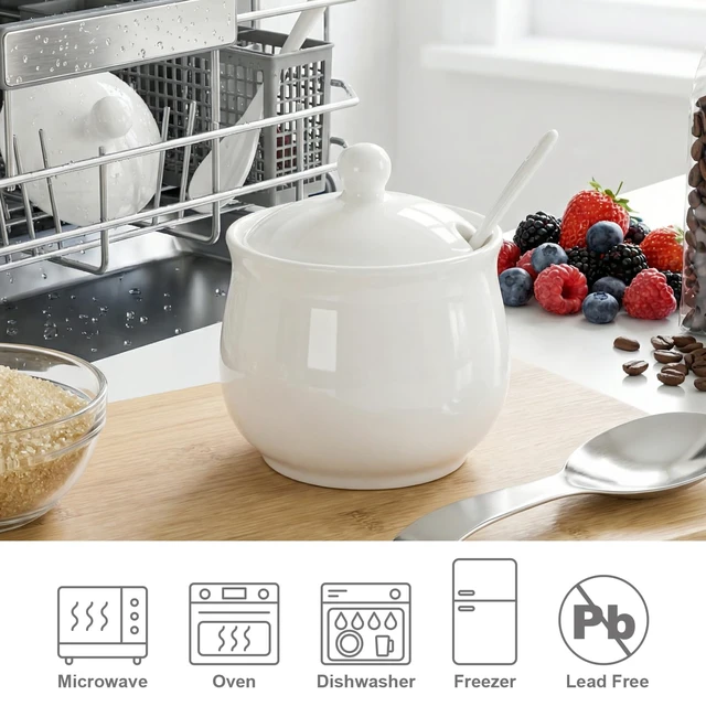 Alt view image 7 of 7 - Sugar Bowl with Lid and Spoon, Elegant Ceramic Container, White 7 Oz | For Salt, Pepper, Spices and Sugar, Easy to Clean, Ideal for Coffee Bar, Kitchen Counter & Dining Table