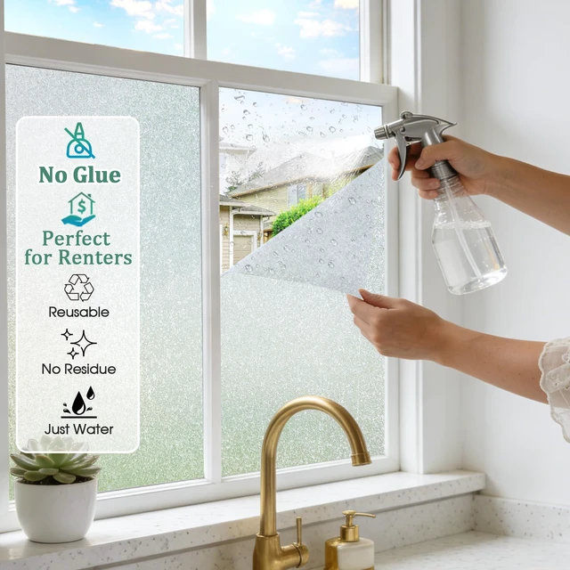 Alt view image 3 of 7 - Frosted Glass Window Privacy Film, Day and Night, 17.5" x 78.7" | Static Cling No Glue Removable, Frosting Opaque Decorative Film, UV Heat Blocking, Renter Friendly for Bathroom Bedroom Door