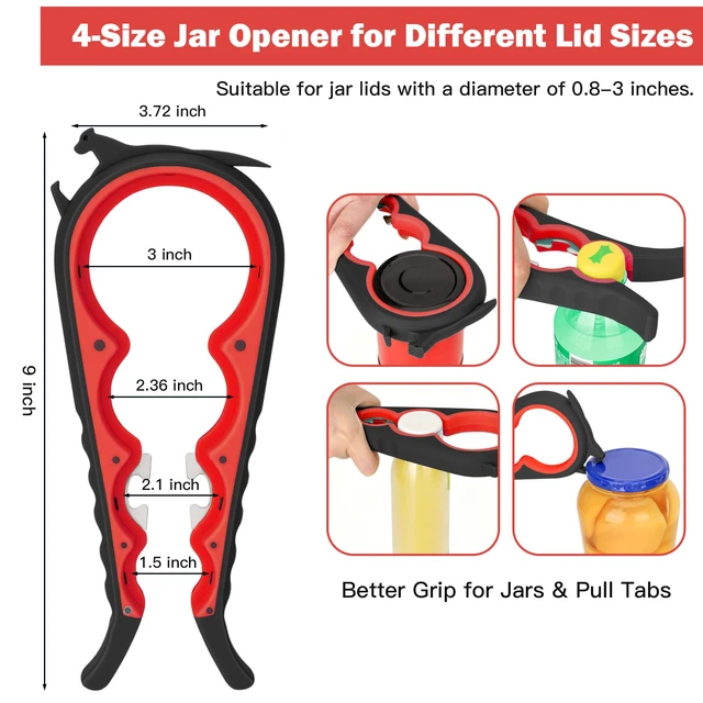 Alt view image 2 of 6 - Jar Opener Set for Seniors, Arthritis, Weak Hands (Red&Black) | 6-in-1 Adjustable Jar Opener Can Opener, 4-in-1 Bottle Opener Lid Opener & Rubber Jar Gripper, Multifunctional Kitchen Gadget