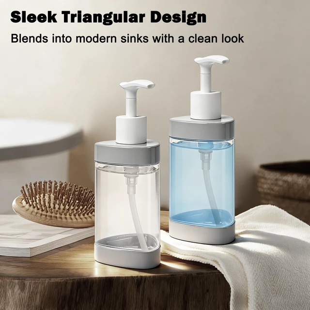 Alt view image 7 of 7 - Plastic Hand Soap Dispenser 2 Pack, 13.5 oz Clear Refillable Dish Soap Pump Dispenser, Stylish Triangle Design for Bathroom Kitchen Countertop (Gray)